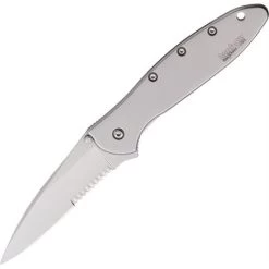 Kershaw 1660ST Leek Part Serrated Assisted Opening Framelock Folding Pocket Knife With Bead Blasted Stainless Handles